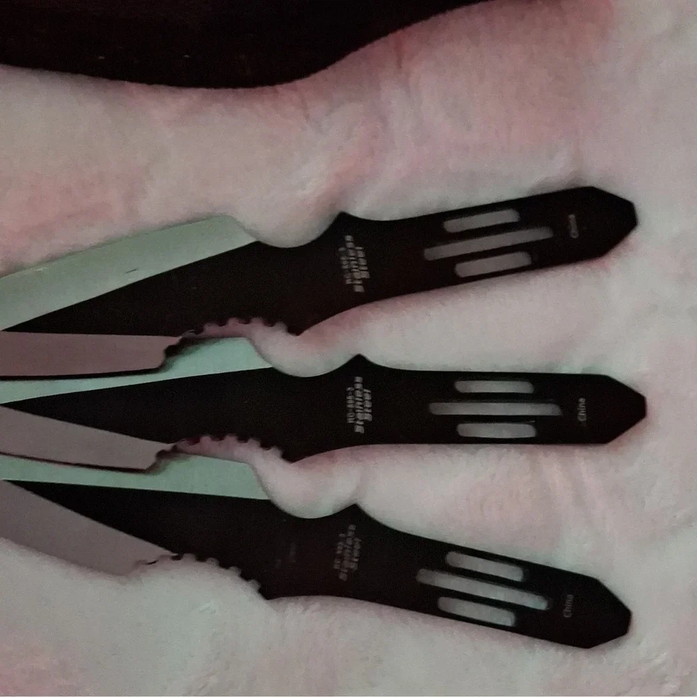 3pc Black Stainless Steel Throwing Knife Set, Spear Point, Full Tang, Sheath